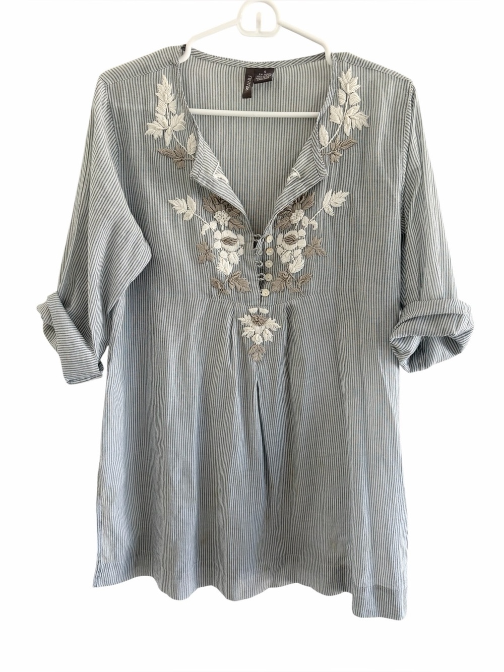 Striped Embroidered  Tunic Top - Light Blue